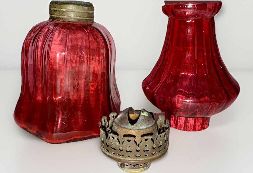 Miniature Antique Oil Kerosene Lamp Cranberry Glass Faintly Ribbed Smith 1 438 - AntiquesEtceteraMiniature Antique Oil Kerosene Lamp Cranberry Glass Faintly Ribbed Smith 1 438AntiqueAntiquesEtcetera