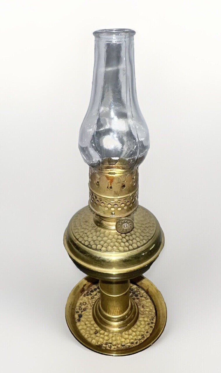Miniature Brass Kerosene Stand Lamp Hammered Texture Saucer with Burner, Chimney - AntiquesEtceteraMiniature Brass Kerosene Stand Lamp Hammered Texture Saucer with Burner, ChimneyAntiqueAntiquesEtcetera
