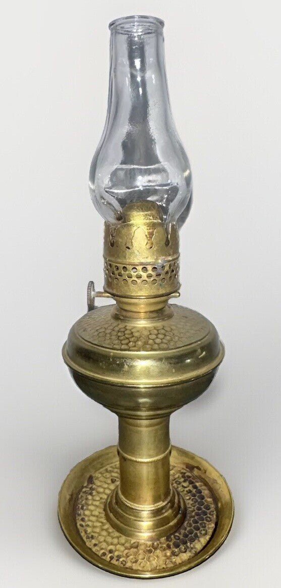 Miniature Brass Kerosene Stand Lamp Hammered Texture Saucer with Burner, Chimney - AntiquesEtceteraMiniature Brass Kerosene Stand Lamp Hammered Texture Saucer with Burner, ChimneyAntiqueAntiquesEtcetera