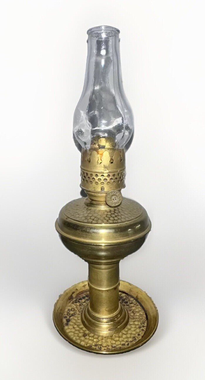 Miniature Brass Kerosene Stand Lamp Hammered Texture Saucer with Burner, Chimney - AntiquesEtceteraMiniature Brass Kerosene Stand Lamp Hammered Texture Saucer with Burner, ChimneyAntiqueAntiquesEtcetera