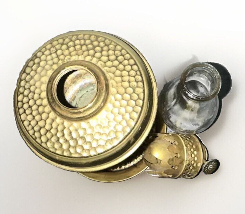 Miniature Brass Kerosene Stand Lamp Hammered Texture Saucer with Burner, Chimney - AntiquesEtceteraMiniature Brass Kerosene Stand Lamp Hammered Texture Saucer with Burner, ChimneyAntiqueAntiquesEtcetera