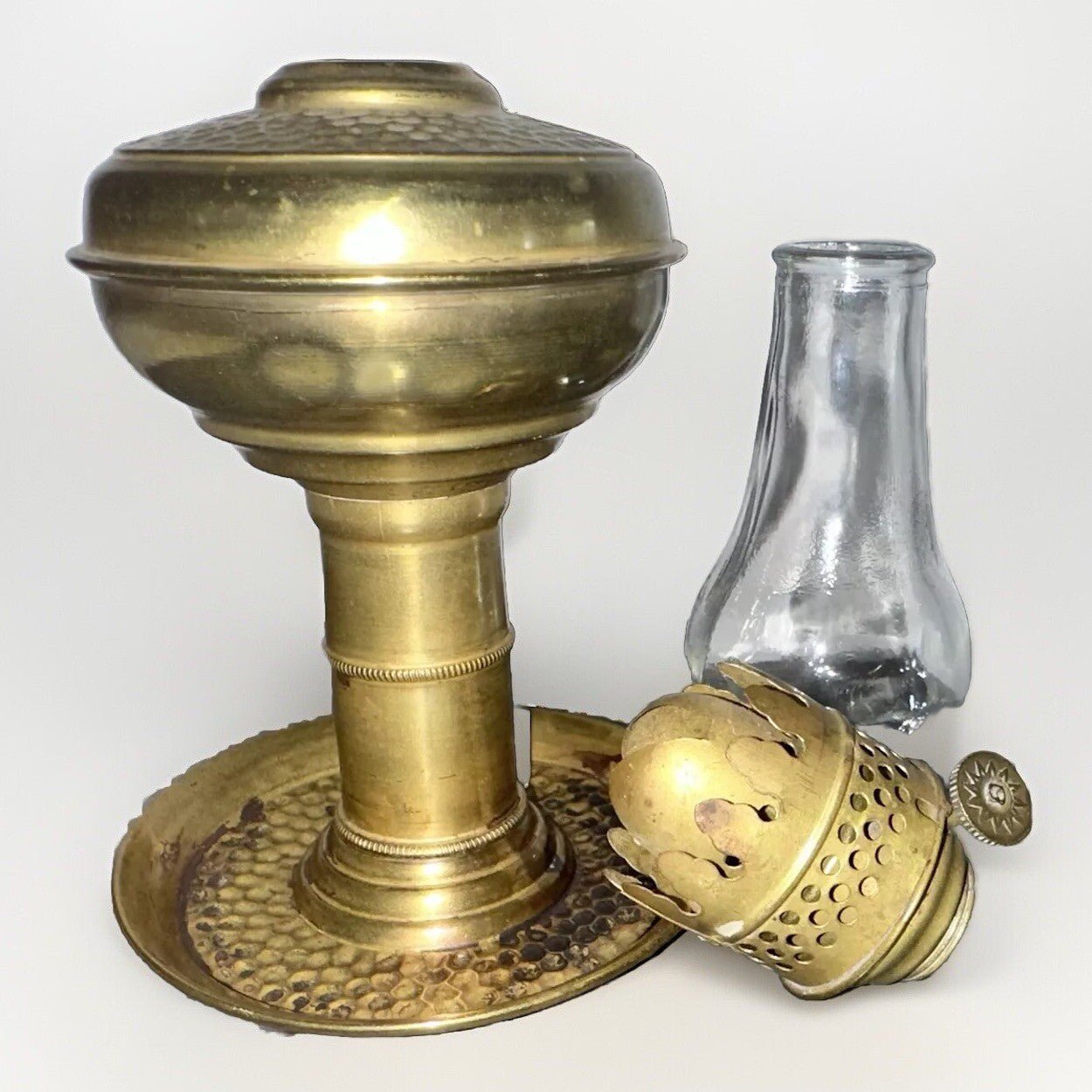 Miniature Brass Kerosene Stand Lamp Hammered Texture Saucer with Burner, Chimney - AntiquesEtceteraMiniature Brass Kerosene Stand Lamp Hammered Texture Saucer with Burner, ChimneyAntiqueAntiquesEtcetera