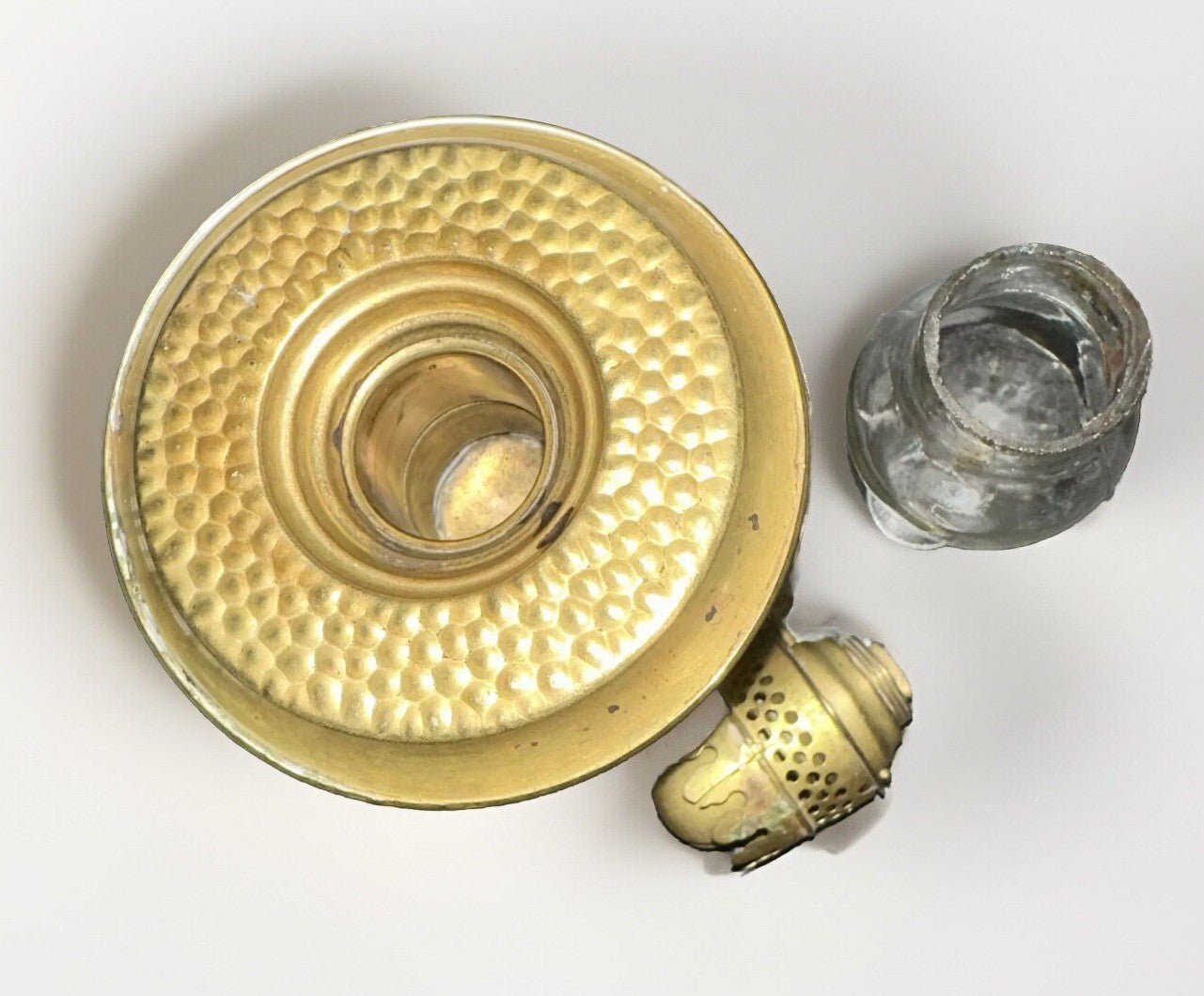 Miniature Brass Kerosene Stand Lamp Hammered Texture Saucer with Burner, Chimney - AntiquesEtceteraMiniature Brass Kerosene Stand Lamp Hammered Texture Saucer with Burner, ChimneyAntiqueAntiquesEtcetera