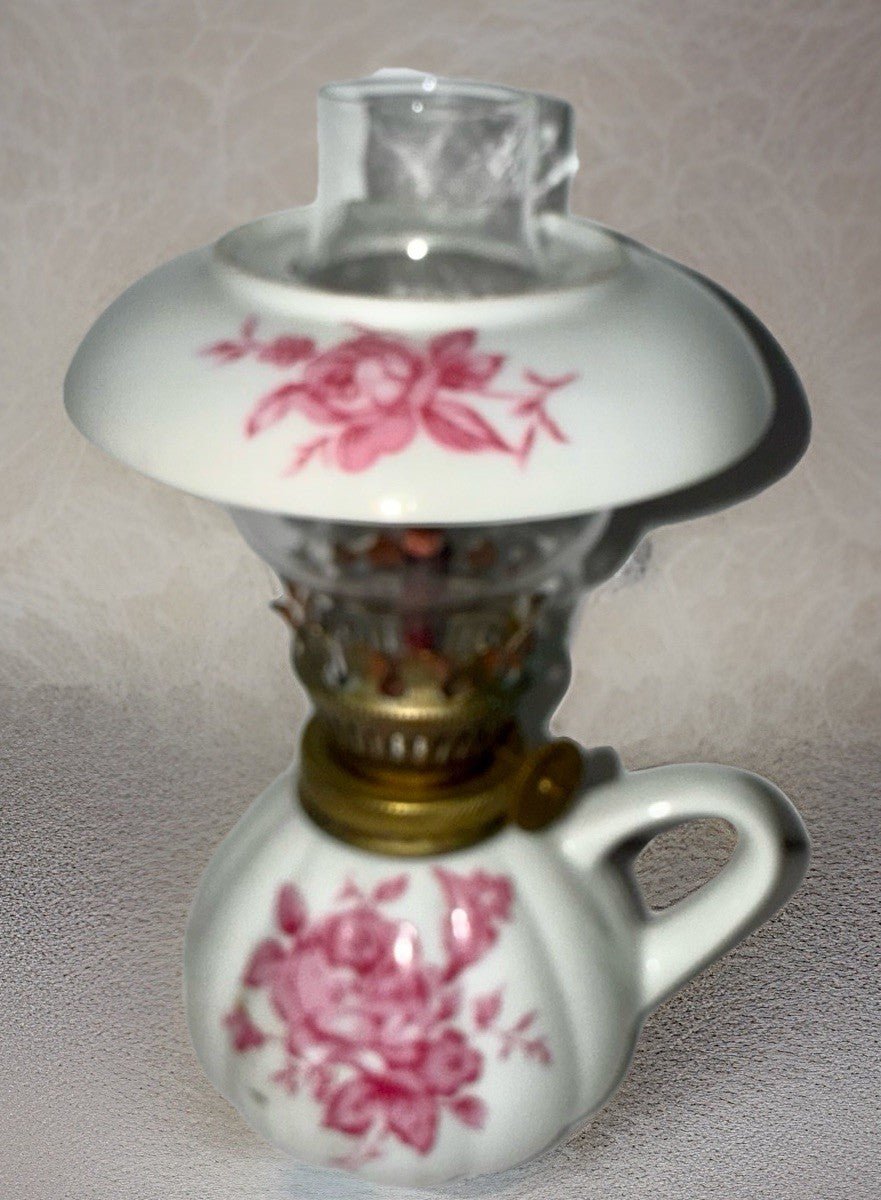 Miniature Ceramic Oil Kerosene Lamp with Chimney Apron Pink Rose Motif - AntiquesEtceteraMiniature Ceramic Oil Kerosene Lamp with Chimney Apron Pink Rose MotifUnbrandedAntiquesEtcetera