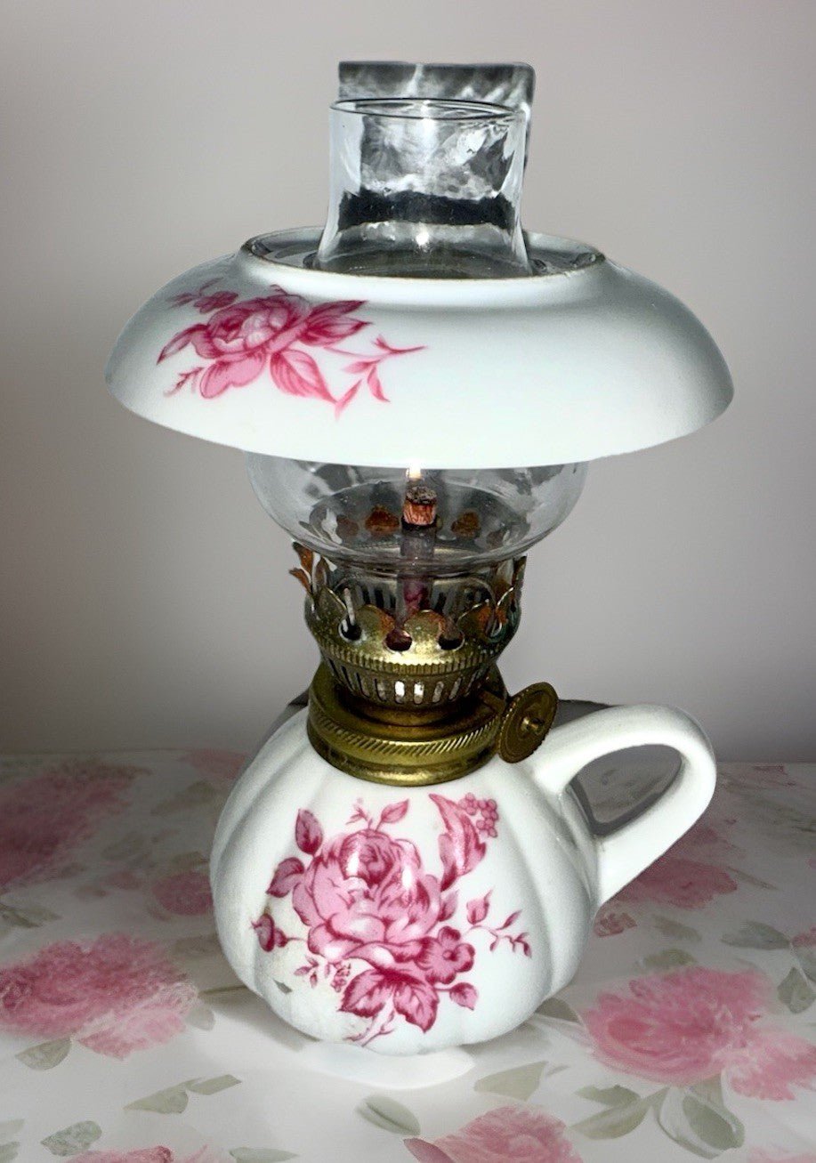 Miniature Ceramic Oil Kerosene Lamp with Chimney Apron Pink Rose Motif - AntiquesEtceteraMiniature Ceramic Oil Kerosene Lamp with Chimney Apron Pink Rose MotifUnbrandedAntiquesEtcetera