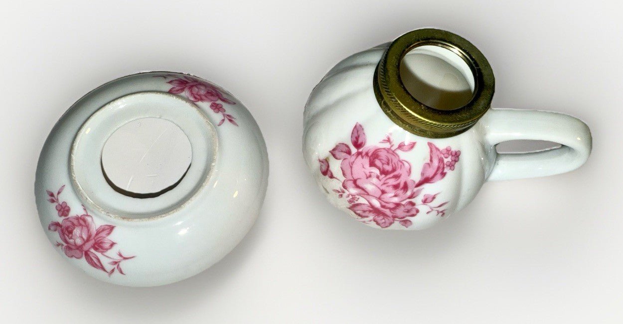 Miniature Ceramic Oil Kerosene Lamp with Chimney Apron Pink Rose Motif - AntiquesEtceteraMiniature Ceramic Oil Kerosene Lamp with Chimney Apron Pink Rose MotifUnbrandedAntiquesEtcetera
