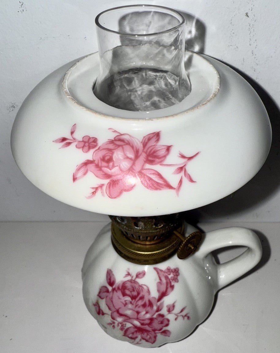 Miniature Ceramic Oil Kerosene Lamp with Chimney Apron Pink Rose Motif - AntiquesEtceteraMiniature Ceramic Oil Kerosene Lamp with Chimney Apron Pink Rose MotifUnbrandedAntiquesEtcetera