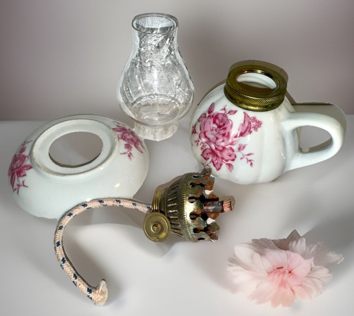 Miniature Ceramic Oil Kerosene Lamp with Chimney Apron Pink Rose Motif - AntiquesEtceteraMiniature Ceramic Oil Kerosene Lamp with Chimney Apron Pink Rose MotifUnbrandedAntiquesEtcetera