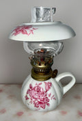 Miniature Ceramic Oil Kerosene Lamp with Chimney Apron Pink Rose Motif - AntiquesEtceteraMiniature Ceramic Oil Kerosene Lamp with Chimney Apron Pink Rose MotifUnbrandedAntiquesEtcetera