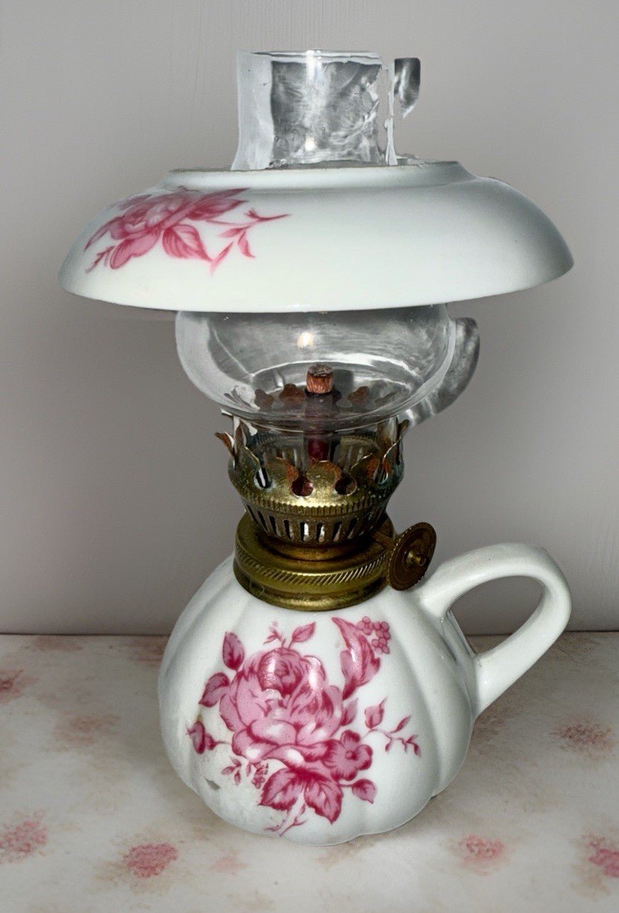 Miniature Ceramic Oil Kerosene Lamp with Chimney Apron Pink Rose Motif - AntiquesEtceteraMiniature Ceramic Oil Kerosene Lamp with Chimney Apron Pink Rose MotifUnbrandedAntiquesEtcetera