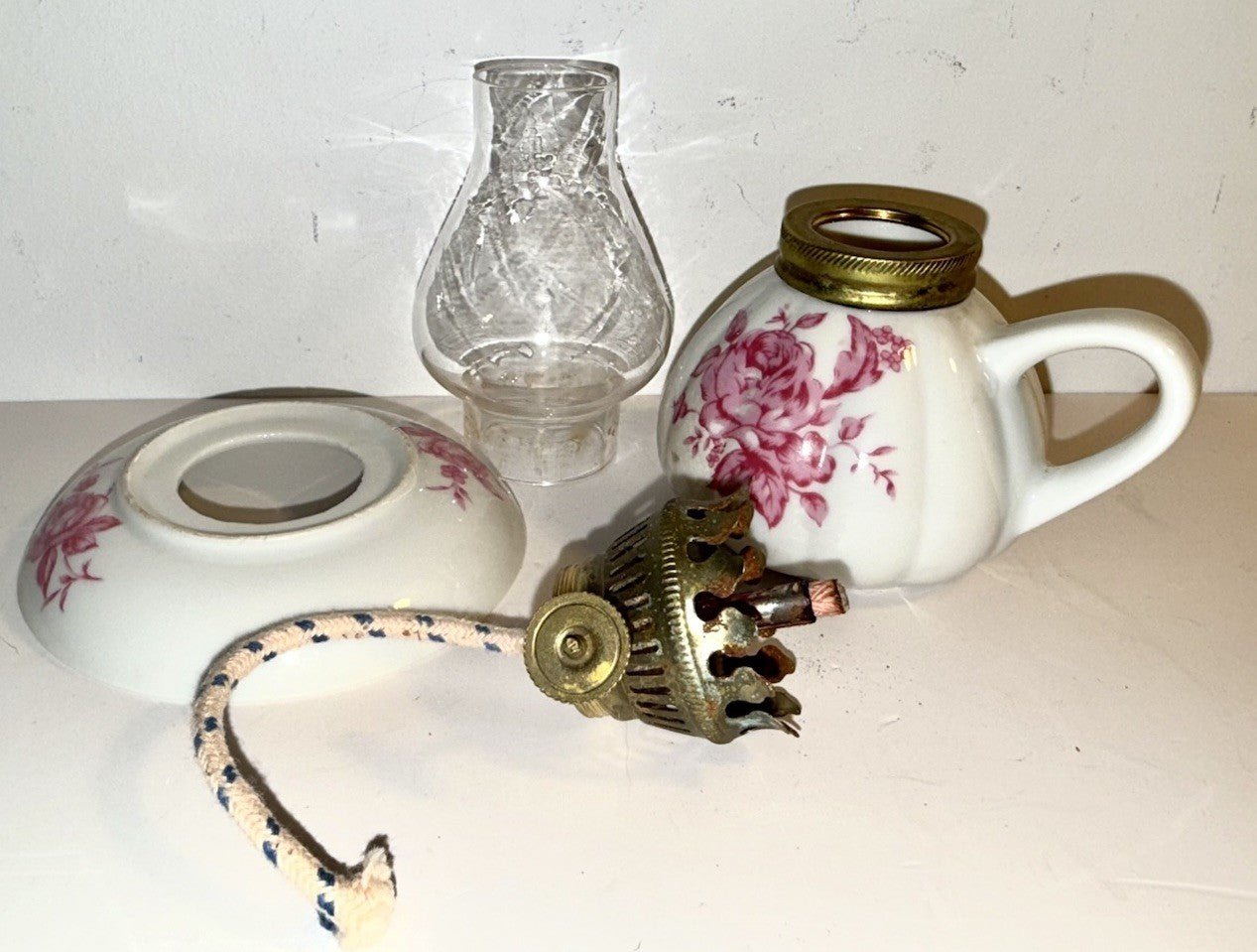 Miniature Ceramic Oil Kerosene Lamp with Chimney Apron Pink Rose Motif - AntiquesEtceteraMiniature Ceramic Oil Kerosene Lamp with Chimney Apron Pink Rose MotifUnbrandedAntiquesEtcetera