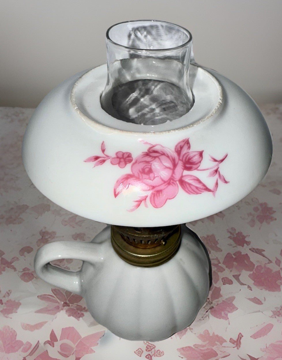 Miniature Ceramic Oil Kerosene Lamp with Chimney Apron Pink Rose Motif - AntiquesEtceteraMiniature Ceramic Oil Kerosene Lamp with Chimney Apron Pink Rose MotifUnbrandedAntiquesEtcetera