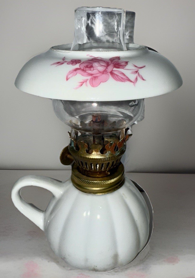 Miniature Ceramic Oil Kerosene Lamp with Chimney Apron Pink Rose Motif - AntiquesEtceteraMiniature Ceramic Oil Kerosene Lamp with Chimney Apron Pink Rose MotifUnbrandedAntiquesEtcetera