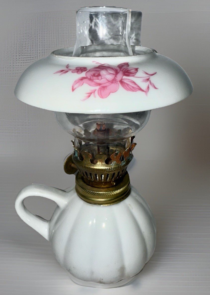 Miniature Ceramic Oil Kerosene Lamp with Chimney Apron Pink Rose Motif - AntiquesEtceteraMiniature Ceramic Oil Kerosene Lamp with Chimney Apron Pink Rose MotifUnbrandedAntiquesEtcetera