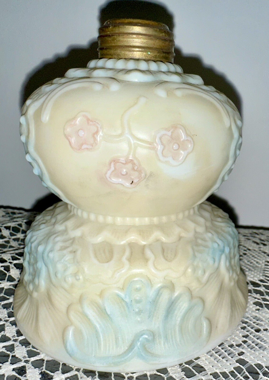 Miniature GWTW Oil Lamp Smith Bk 1, 250 Milk Glass Blue Pink Floral Diana 1896 - AntiquesEtceteraMiniature GWTW Oil Lamp Smith Bk 1, 250 Milk Glass Blue Pink Floral Diana 1896AntiqueAntiquesEtcetera