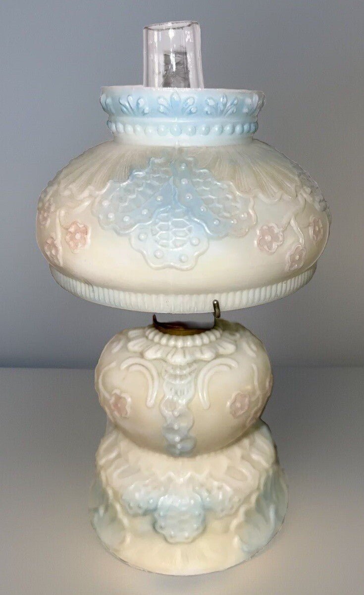 Miniature GWTW Oil Lamp Smith Bk 1, 250 Milk Glass Blue Pink Floral Diana 1896 - AntiquesEtceteraMiniature GWTW Oil Lamp Smith Bk 1, 250 Milk Glass Blue Pink Floral Diana 1896AntiqueAntiquesEtcetera