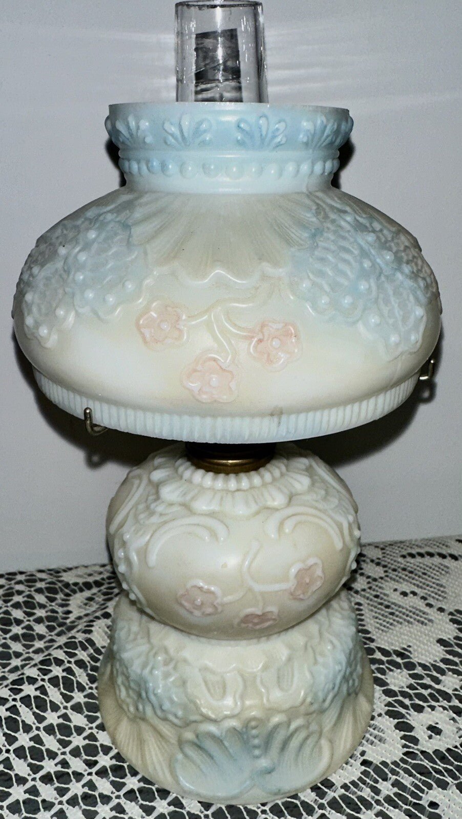 Miniature GWTW Oil Lamp Smith Bk 1, 250 Milk Glass Blue Pink Floral Diana 1896 - AntiquesEtceteraMiniature GWTW Oil Lamp Smith Bk 1, 250 Milk Glass Blue Pink Floral Diana 1896AntiqueAntiquesEtcetera