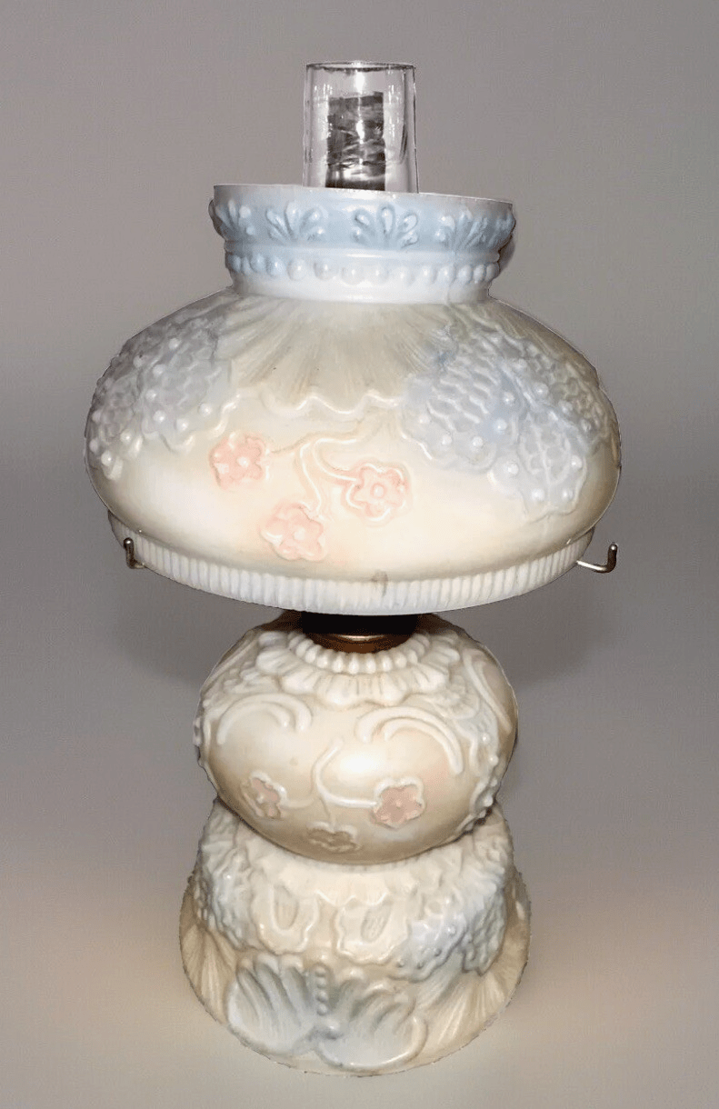 Miniature GWTW Oil Lamp Smith Bk 1, 250 Milk Glass Blue Pink Floral Diana 1896 - AntiquesEtceteraMiniature GWTW Oil Lamp Smith Bk 1, 250 Milk Glass Blue Pink Floral Diana 1896AntiqueAntiquesEtcetera