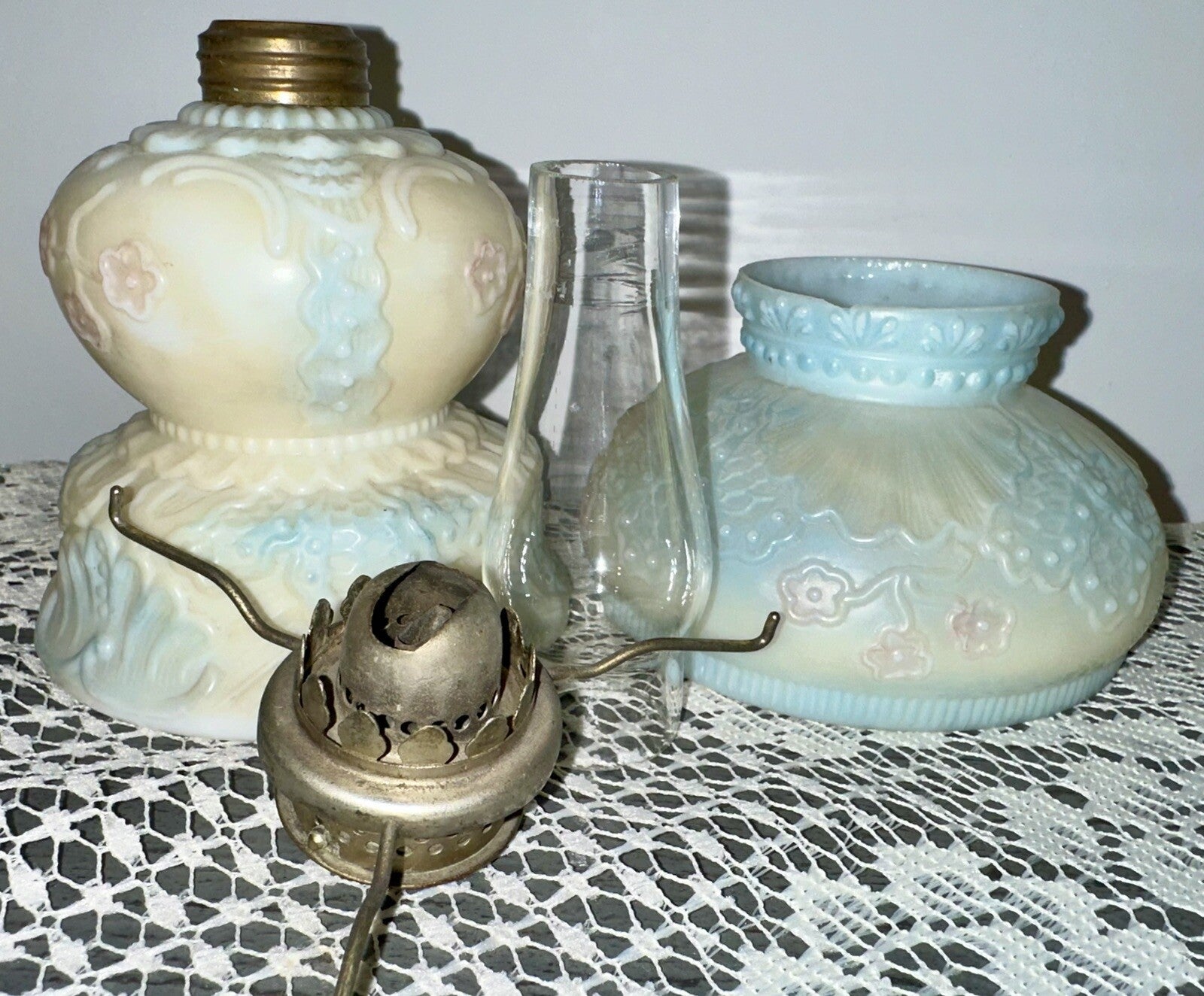 Miniature GWTW Oil Lamp Smith Bk 1, 250 Milk Glass Blue Pink Floral Diana 1896 - AntiquesEtceteraMiniature GWTW Oil Lamp Smith Bk 1, 250 Milk Glass Blue Pink Floral Diana 1896AntiqueAntiquesEtcetera