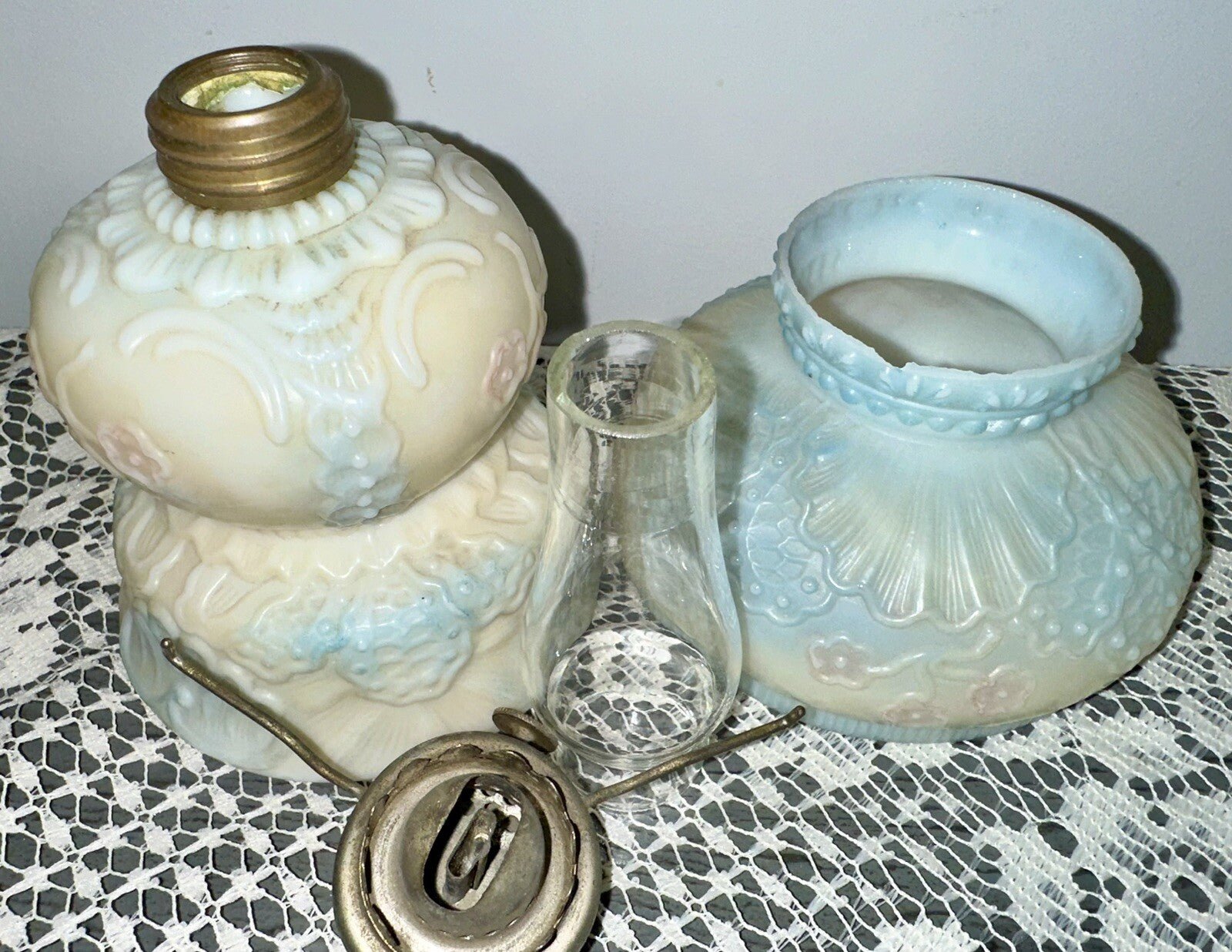 Miniature GWTW Oil Lamp Smith Bk 1, 250 Milk Glass Blue Pink Floral Diana 1896 - AntiquesEtceteraMiniature GWTW Oil Lamp Smith Bk 1, 250 Milk Glass Blue Pink Floral Diana 1896AntiqueAntiquesEtcetera
