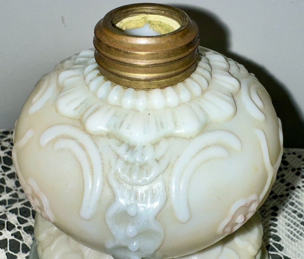 Miniature GWTW Oil Lamp Smith Bk 1, 250 Milk Glass Blue Pink Floral Diana 1896 - AntiquesEtceteraMiniature GWTW Oil Lamp Smith Bk 1, 250 Milk Glass Blue Pink Floral Diana 1896AntiqueAntiquesEtcetera