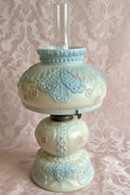 Miniature GWTW Oil Lamp Smith Bk 1, 250 Milk Glass Blue Pink Floral Diana 1896AntiquesEtcetera