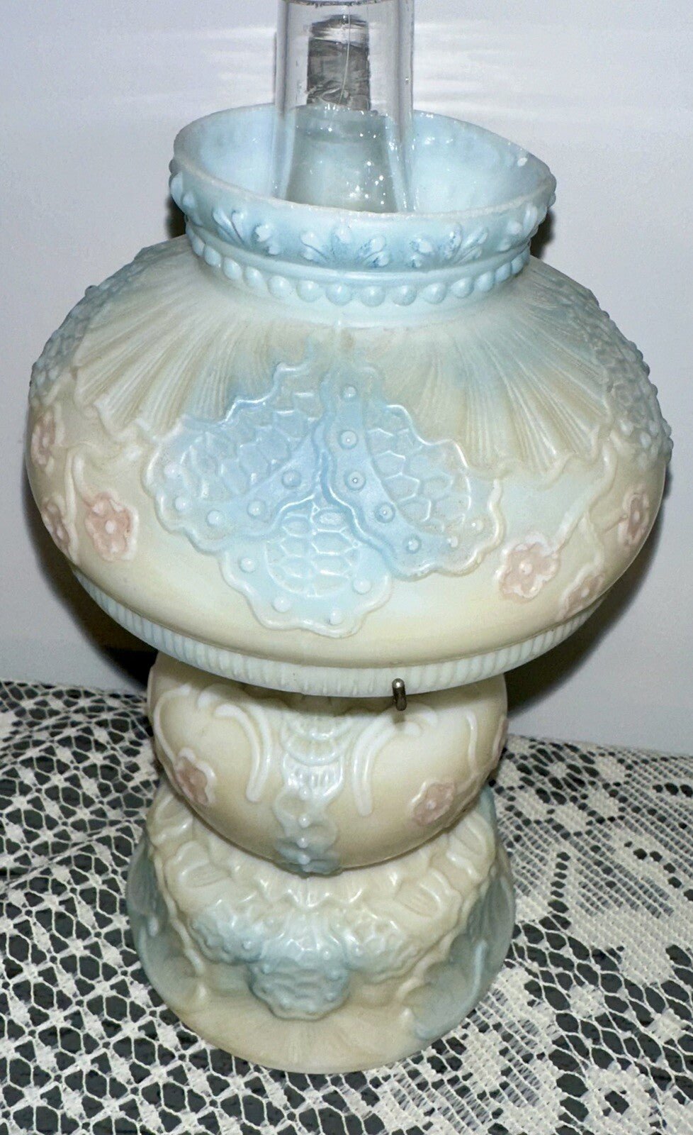Miniature GWTW Oil Lamp Smith Bk 1, 250 Milk Glass Blue Pink Floral Diana 1896 - AntiquesEtceteraMiniature GWTW Oil Lamp Smith Bk 1, 250 Milk Glass Blue Pink Floral Diana 1896AntiqueAntiquesEtcetera