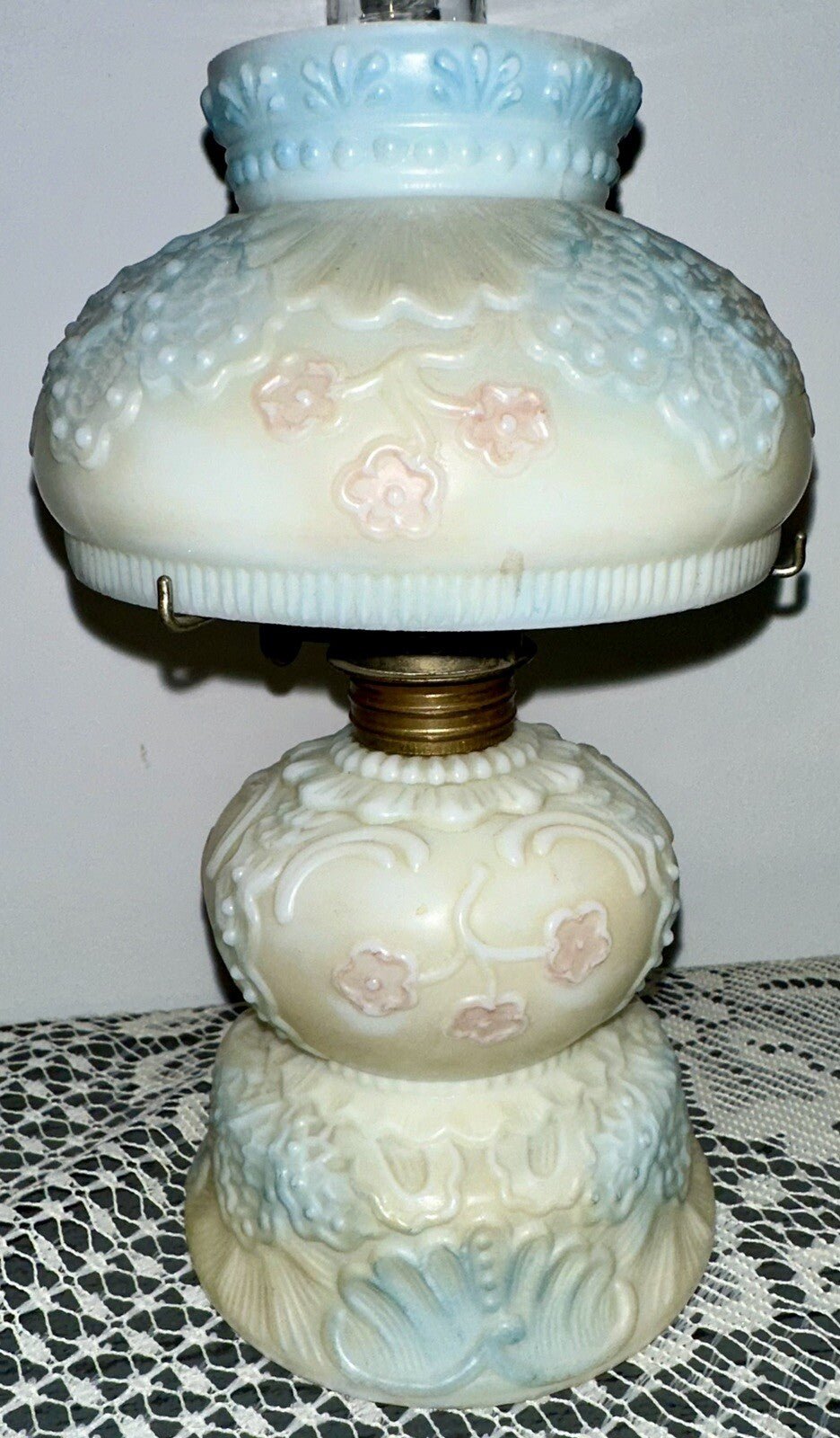 Miniature GWTW Oil Lamp Smith Bk 1, 250 Milk Glass Blue Pink Floral Diana 1896 - AntiquesEtceteraMiniature GWTW Oil Lamp Smith Bk 1, 250 Milk Glass Blue Pink Floral Diana 1896AntiqueAntiquesEtcetera