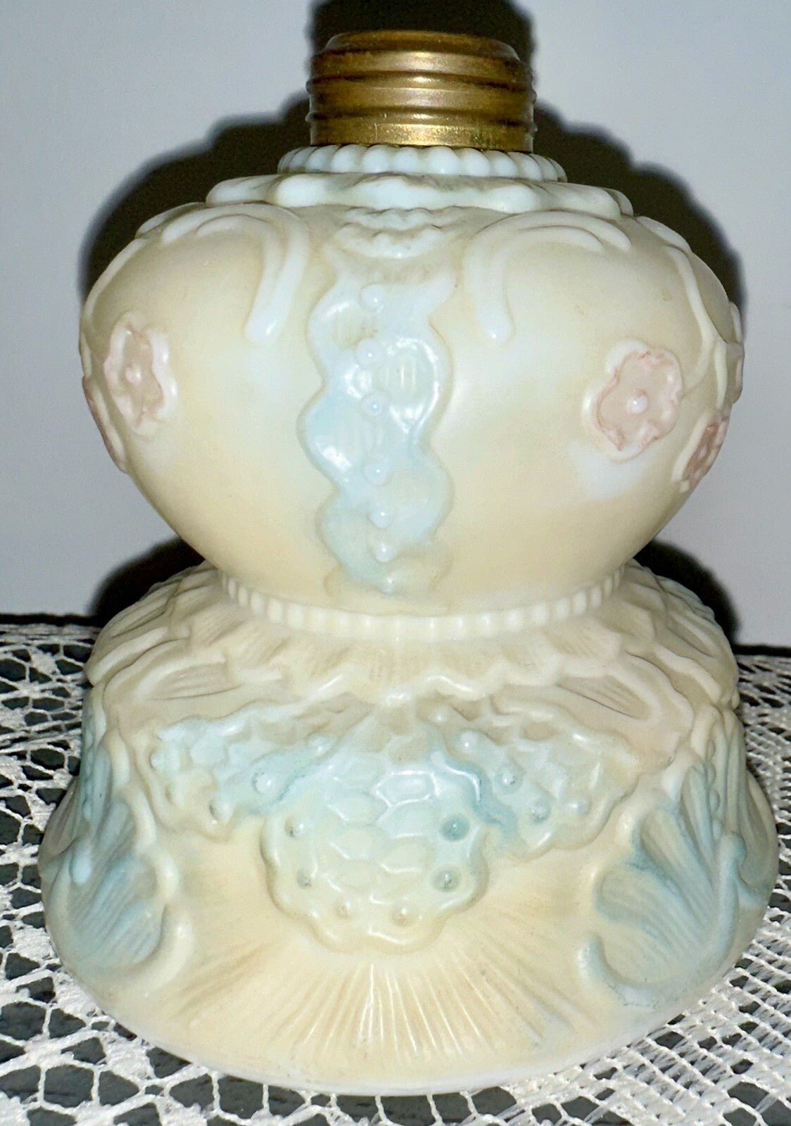 Miniature GWTW Oil Lamp Smith Bk 1, 250 Milk Glass Blue Pink Floral Diana 1896 - AntiquesEtceteraMiniature GWTW Oil Lamp Smith Bk 1, 250 Milk Glass Blue Pink Floral Diana 1896AntiqueAntiquesEtcetera