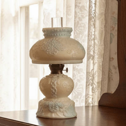 Miniature GWTW Oil Lamp Smith Bk 1, 250 Milk Glass Blue Pink Floral Diana 1896AntiquesEtcetera