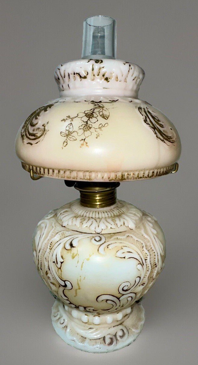 Miniature GWTW Oil Lamp Smith I, 245 Milk Glass "Elsie" Art Nouveau w/ Gilt Trim - AntiquesEtceteraMiniature GWTW Oil Lamp Smith I, 245 Milk Glass "Elsie" Art Nouveau w/ Gilt TrimAntiqueAntiquesEtcetera