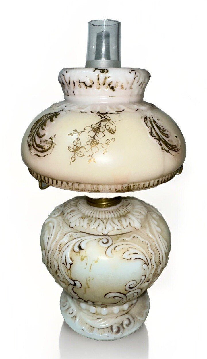 Miniature GWTW Oil Lamp Smith I, 245 Milk Glass "Elsie" Art Nouveau w/ Gilt Trim - AntiquesEtceteraMiniature GWTW Oil Lamp Smith I, 245 Milk Glass "Elsie" Art Nouveau w/ Gilt TrimAntiqueAntiquesEtcetera