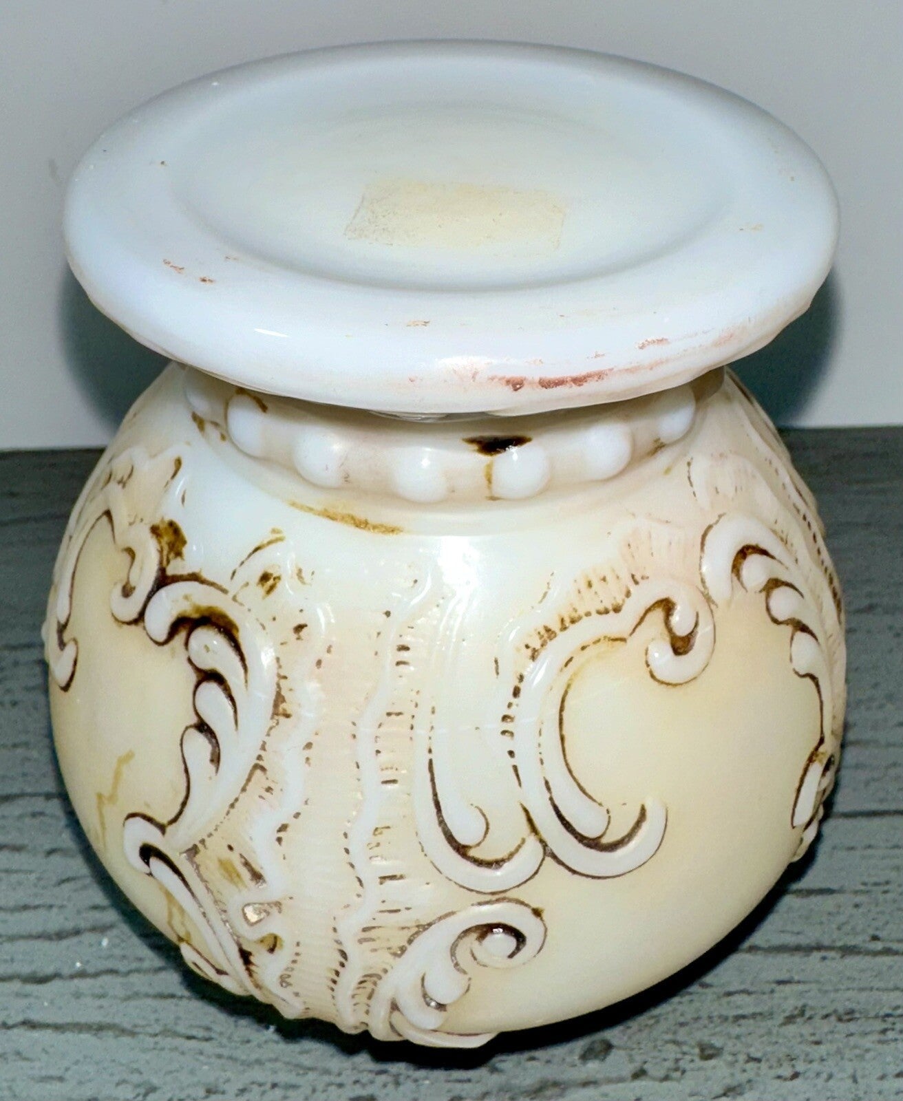 Miniature GWTW Oil Lamp Smith I, 245 Milk Glass "Elsie" Art Nouveau w/ Gilt Trim - AntiquesEtceteraMiniature GWTW Oil Lamp Smith I, 245 Milk Glass "Elsie" Art Nouveau w/ Gilt TrimAntiqueAntiquesEtcetera