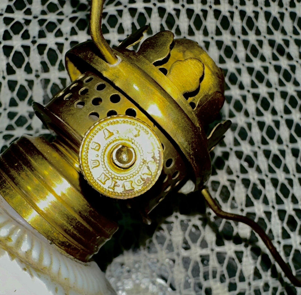 Miniature GWTW Oil Lamp Smith I, 245 Milk Glass "Elsie" Art Nouveau w/ Gilt Trim - AntiquesEtceteraMiniature GWTW Oil Lamp Smith I, 245 Milk Glass "Elsie" Art Nouveau w/ Gilt TrimAntiqueAntiquesEtcetera