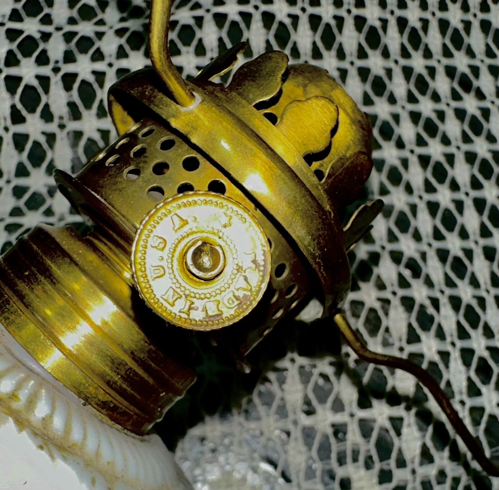 Miniature GWTW Oil Lamp Smith I, 245 Milk Glass "Elsie" Art Nouveau w/ Gilt Trim - AntiquesEtceteraMiniature GWTW Oil Lamp Smith I, 245 Milk Glass "Elsie" Art Nouveau w/ Gilt TrimAntiqueAntiquesEtcetera