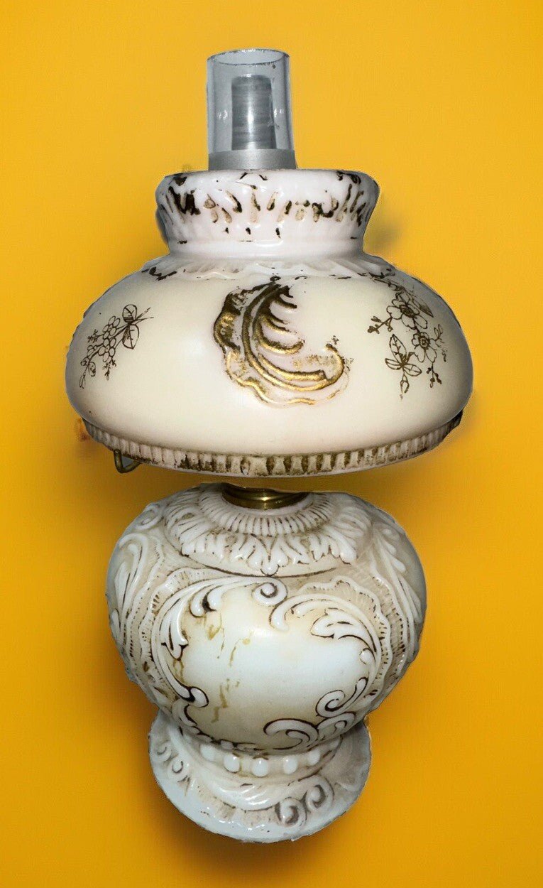 Miniature GWTW Oil Lamp Smith I, 245 Milk Glass "Elsie" Art Nouveau w/ Gilt Trim - AntiquesEtceteraMiniature GWTW Oil Lamp Smith I, 245 Milk Glass "Elsie" Art Nouveau w/ Gilt TrimAntiqueAntiquesEtcetera
