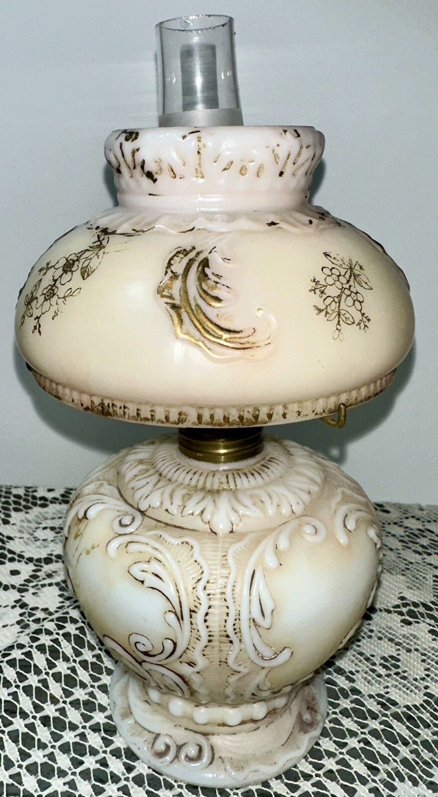 Miniature GWTW Oil Lamp Smith I, 245 Milk Glass "Elsie" Art Nouveau w/ Gilt Trim - AntiquesEtceteraMiniature GWTW Oil Lamp Smith I, 245 Milk Glass "Elsie" Art Nouveau w/ Gilt TrimAntiqueAntiquesEtcetera
