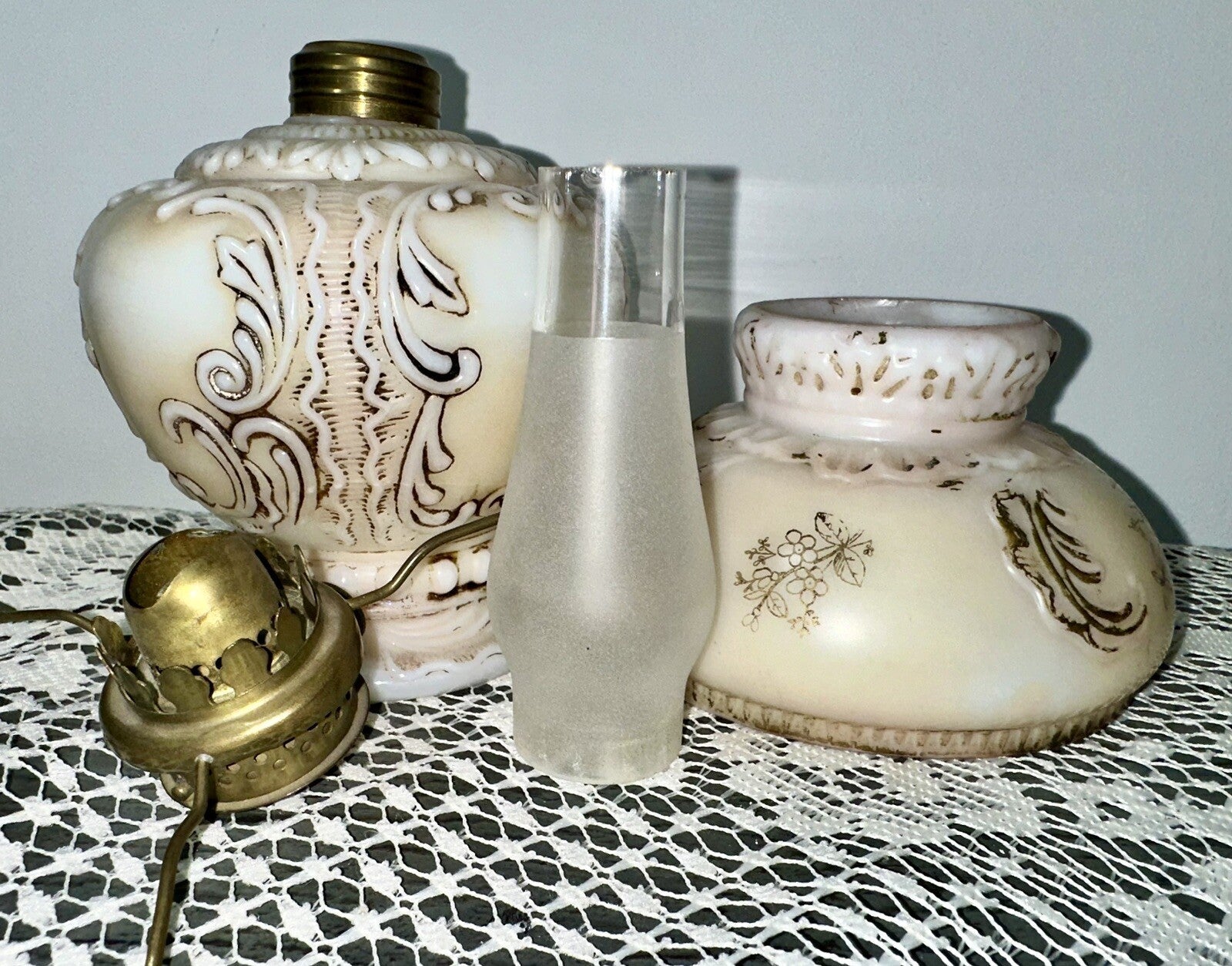 Miniature GWTW Oil Lamp Smith I, 245 Milk Glass "Elsie" Art Nouveau w/ Gilt Trim - AntiquesEtceteraMiniature GWTW Oil Lamp Smith I, 245 Milk Glass "Elsie" Art Nouveau w/ Gilt TrimAntiqueAntiquesEtcetera