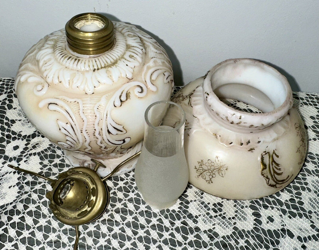 Miniature GWTW Oil Lamp Smith I, 245 Milk Glass "Elsie" Art Nouveau w/ Gilt Trim - AntiquesEtceteraMiniature GWTW Oil Lamp Smith I, 245 Milk Glass "Elsie" Art Nouveau w/ Gilt TrimAntiqueAntiquesEtcetera
