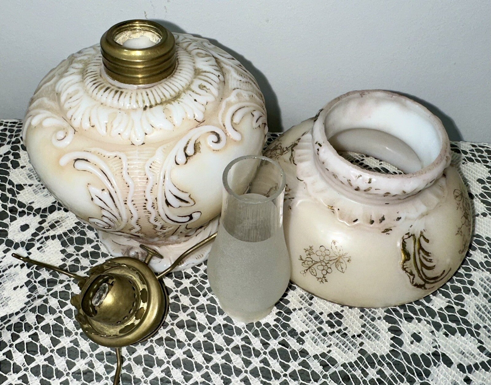 Miniature GWTW Oil Lamp Smith I, 245 Milk Glass "Elsie" Art Nouveau w/ Gilt Trim - AntiquesEtceteraMiniature GWTW Oil Lamp Smith I, 245 Milk Glass "Elsie" Art Nouveau w/ Gilt TrimAntiqueAntiquesEtcetera