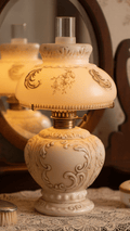Miniature GWTW Oil Lamp Smith I, 245 Milk Glass "Elsie" Art Nouveau w/ Gilt TrimAntiquesEtcetera