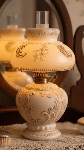Miniature GWTW Oil Lamp Smith I, 245 Milk Glass "Elsie" Art Nouveau w/ Gilt Trim - AntiquesEtceteraMiniature GWTW Oil Lamp Smith I, 245 Milk Glass "Elsie" Art Nouveau w/ Gilt TrimMiniature Oil LampAntiquesEtceteraAntiquesEtcetera