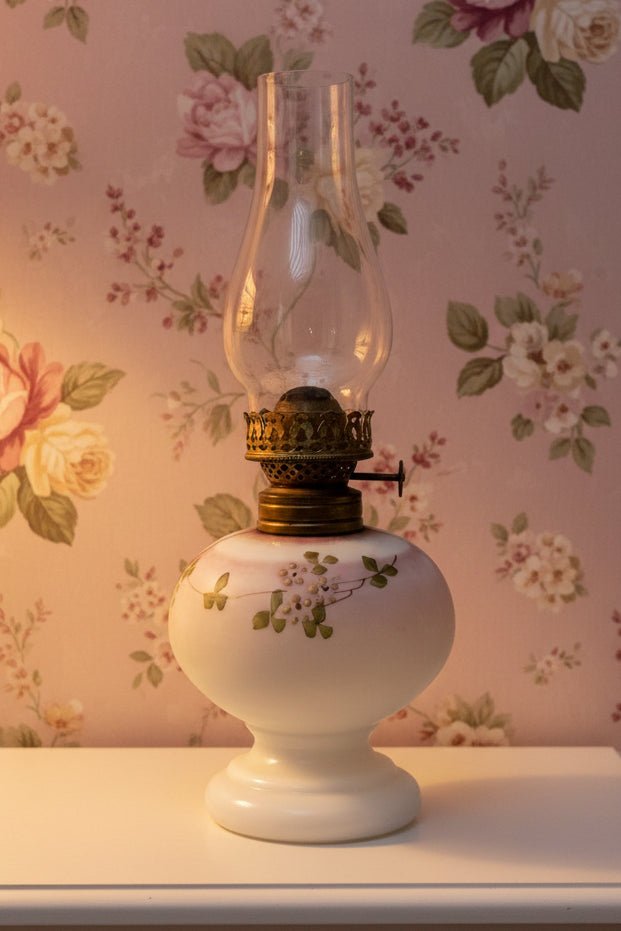 Miniature Oil Kerosene Lamp Opal Glass Floral Motif + Chimney & Burner - Antique - AntiquesEtceteraMiniature Oil Kerosene Lamp Opal Glass Floral Motif + Chimney & Burner - AntiqueAntiqueAntiquesEtcetera