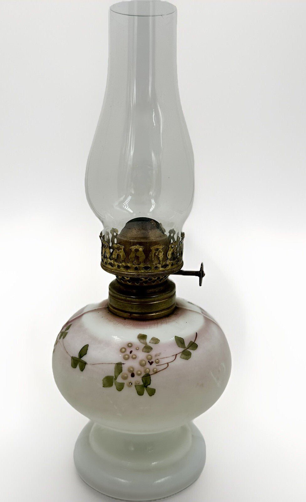 Miniature Oil Kerosene Lamp Opal Glass Floral Motif + Chimney & Burner - Antique - AntiquesEtceteraMiniature Oil Kerosene Lamp Opal Glass Floral Motif + Chimney & Burner - AntiqueAntiqueAntiquesEtcetera