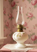 Miniature Oil Kerosene Lamp Opal Glass Floral Motif + Chimney & Burner - AntiqueAntiquesEtcetera
