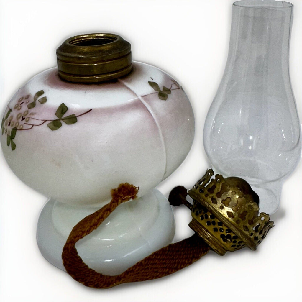 Miniature Oil Kerosene Lamp Opal Glass Floral Motif + Chimney & Burner - Antique - AntiquesEtceteraMiniature Oil Kerosene Lamp Opal Glass Floral Motif + Chimney & Burner - AntiqueAntiqueAntiquesEtcetera