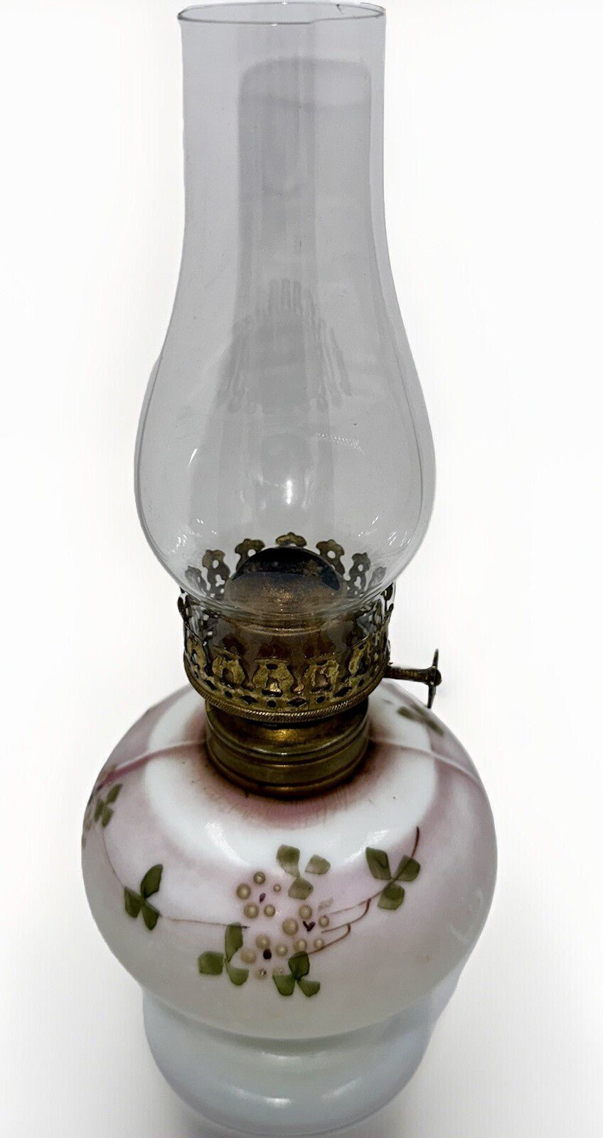 Miniature Oil Kerosene Lamp Opal Glass Floral Motif + Chimney & Burner - Antique - AntiquesEtceteraMiniature Oil Kerosene Lamp Opal Glass Floral Motif + Chimney & Burner - AntiqueAntiqueAntiquesEtcetera