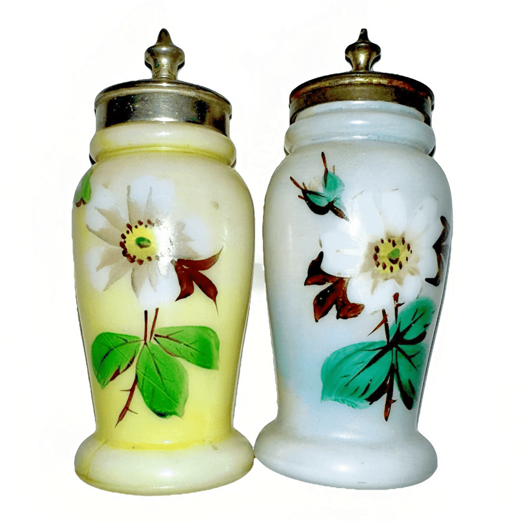 Mt Washington Salt & Pepper Shakers Opalware Glass Christmas Pearl with Lids - AntiquesEtceteraMt Washington Salt & Pepper Shakers Opalware Glass Christmas Pearl with LidsMt. WashingtonAntiquesEtcetera
