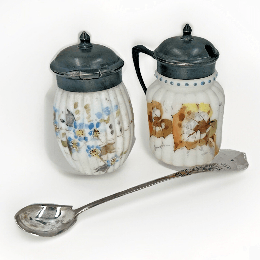 Mt. Washington Satin Glass Mustard Pots Autumn Leaves with Calla Lily Spoon - AntiquesEtceteraMt. Washington Satin Glass Mustard Pots Autumn Leaves with Calla Lily SpoonAntiquesEtceteraAntiquesEtcetera