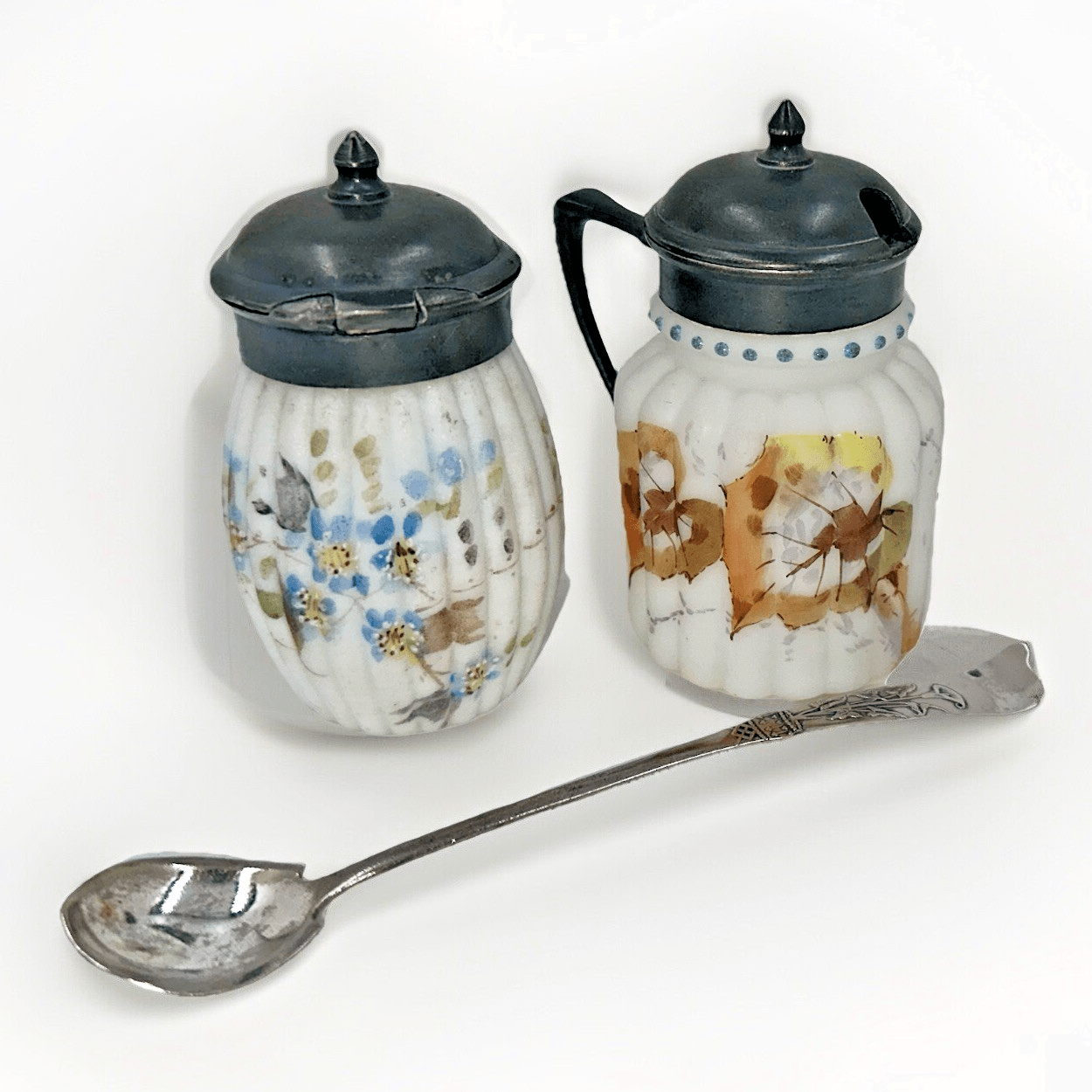 Mt. Washington Satin Glass Mustard Pots Autumn Leaves with Calla Lily Spoon - AntiquesEtceteraMt. Washington Satin Glass Mustard Pots Autumn Leaves with Calla Lily SpoonAntiquesEtceteraAntiquesEtcetera